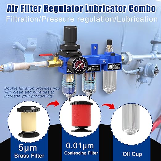 NEWPO 1/4" NPT Compressed Air Filter Regulator Lubricator Combo, Water/Oil Trap Separator,Brass Filter & Coalescing Filter,Semi-Auto Drain,Metal Bracket-Blue