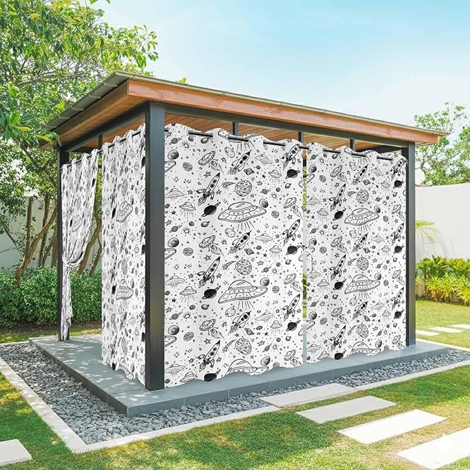 Cartoon Space Outdoor Curtains for Patio Rockets Astronauts Planets Black Waterproof Outside Curtains with Grommet Top Weatherproof Curtain for Cabana Pergola Gazebo, 2 Pack, 54" W x 95" L