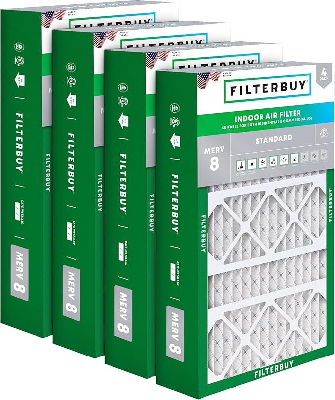 Filterbuy 15.75x27.63x3.50 Air Filter MERV 8 Essential Dust & Allergy Defense (4-Pack), Pleated HVAC AC Furnace Filters for AprilAire Space-Gard 104 & 2140 (Actual Size: 15.69 x 27.56 x 3.50)