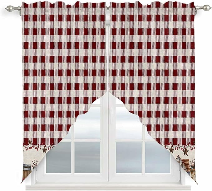 Swag Curtain Valances for Kitchen Windows,Farm Barn Western Star on Vintage Short Rod Pocket Window Valance,Red Buffalo Plaid Swag Topper for Bedroom Living Room,2 Panels 36x45in