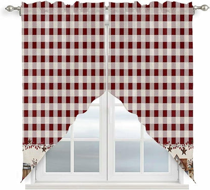 Swag Curtain Valances for Kitchen Windows,Farm Barn Western Star on Vintage Short Rod Pocket Window Valance,Red Buffalo Plaid Swag Topper for Bedroom Living Room,2 Panels 36x63in