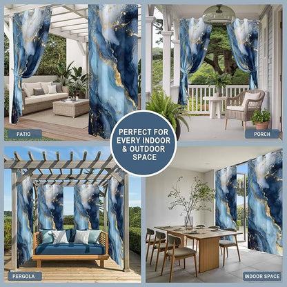 Marble Texture Outdoor Curtains for Patio Abstract Gradient Blue Golden Gorgeous Waterproof Outside Curtains with Grommet Top Weatherproof Curtain for Cabana Pergola Gazebo, 2 Pack, 54" W x 108" L