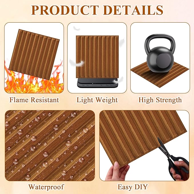 Nuanchu 32 Pcs 3D Slat Wall Panels 12 x 12 Inch PVC Fluted Textured Panel Cuttable Paintable DIY Wall Art Decorative Tiles for Ceiling Studio Bathroom Interior TV Background (Teak Grain)