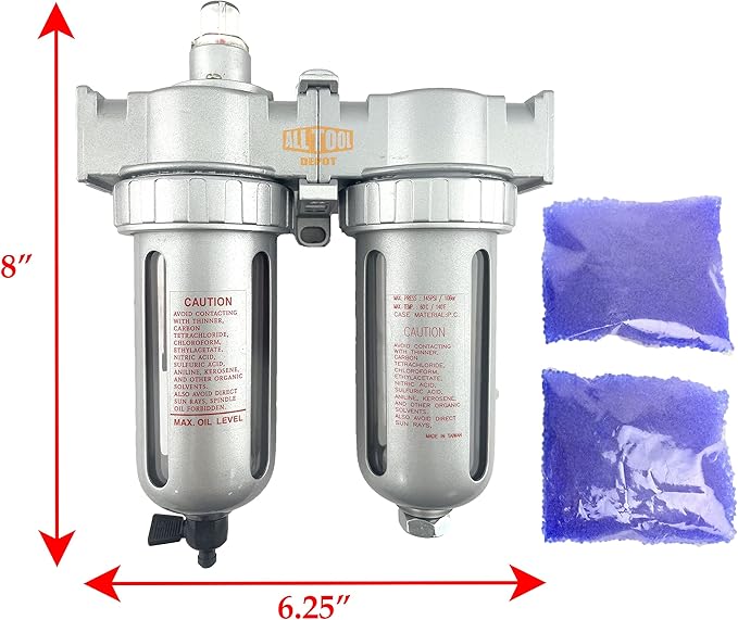 1/2" NPT MID FLOW 2 Stages Coalescing Filter Desiccant Dryer System For Compressed Air Lines, Poly Bowls, Great For Paint Spray And Plasma Cutter