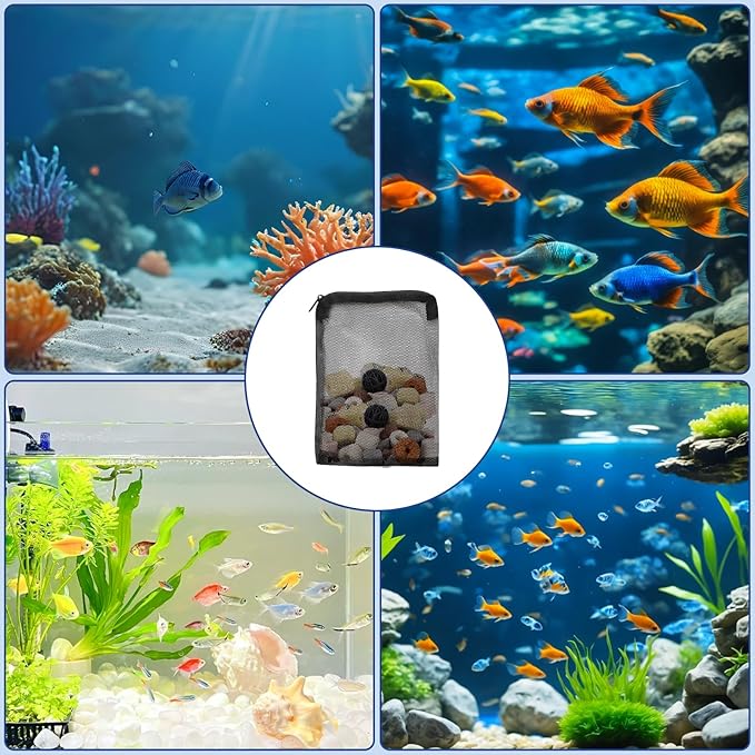16 Pcs Aquarium Filter Media Bags with Plastic Zipper, Fish Tank Fine Mesh Bags for Activated Charcoal Aquarium, Reusable Aquarium Accessories for Carbon Bio Balls, Ceramic Rings(6in×8in and 4in×6in)
