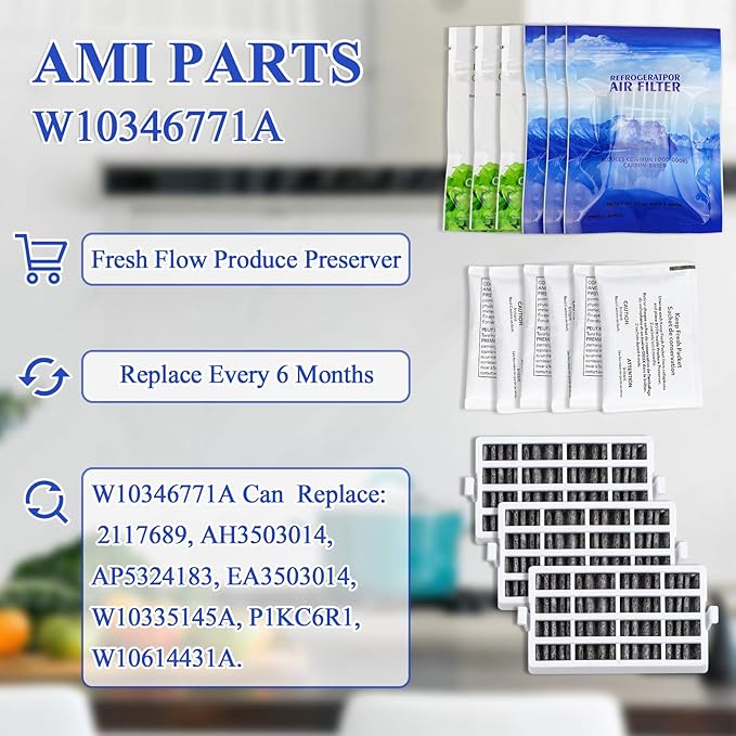 AMI PARTS W10311524 Air Filter &W10346771A Produce Preserver Replacement Compatible with Refrigerator(pack of 3 each)