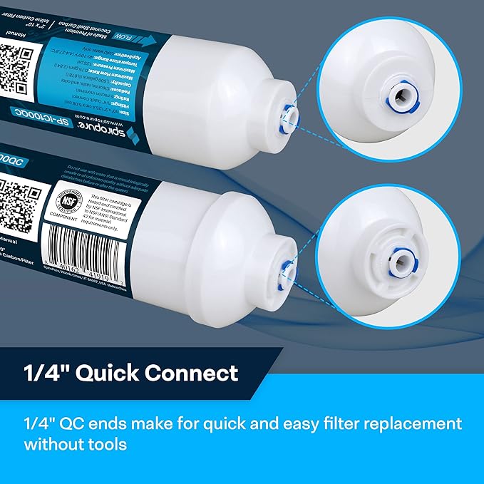 SpiroPure Inline Filter NSF Coconut Shell Granular Carbon Water Filter with 1/4" Quick-Connect, 2" x 10" (Case of 25)