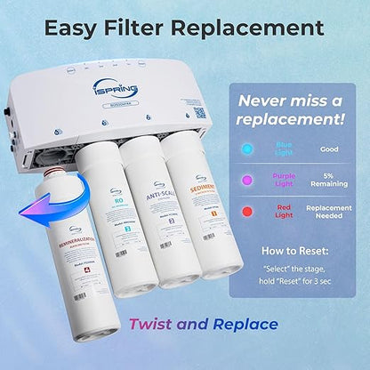 iSpring RO5004F-AK Alkaline Reverse Osmosis Water Filter with UV, SGS Tested PFAS and TDS Reduction, 500 GPD, pH+, 2:1 Pure to Drain Tankless Remineralization RO System Under Sink, Filter Life Monitor