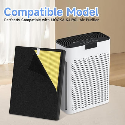 4 Packs KJ190L Pet Care Replacement Filter Compatible with MOOKA KJ190L Air Purifi-er, Washable 3-Stage Filtration for Smoke, Pollen, Dust, Hair, Activated Carbon for Odor & Dander Control, Yellow