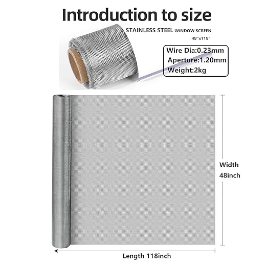 Heavy-Duty Stainless Steel Mesh Screen#18Mesh Wire Dia:0.23mm Size:48"x118"(122x300cm) 304 Stainless Steel Window Screen mesh