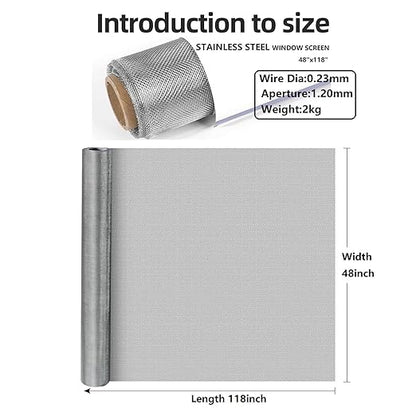 Heavy-Duty Stainless Steel Mesh Screen#18Mesh Wire Dia:0.23mm Size:48"x118"(122x300cm) 304 Stainless Steel Window Screen mesh