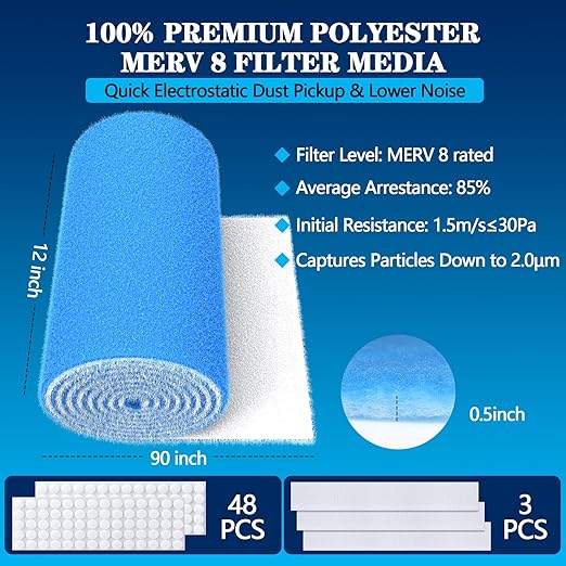MERV 8 Air Vent Filters, 12" x 90"Cut to Fit Air Filter Material (50+ Filters),Electrostatic Triple Vent Filter for Floor, Ceiling, HVAC & RV Vents, Includes 48 Adhesive Hook Tape