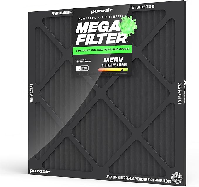 PuroAir MegaFilter - 24x24x1 Air Filter MERV 13 Activated CarbonTech Defense - Heavy Duty 3 Layer Furnace Filters Allergens, Pollen, Dust, Pet Dander, Smoke, Odors - HVAC Air Filter 24x24x1 (1-Pack)