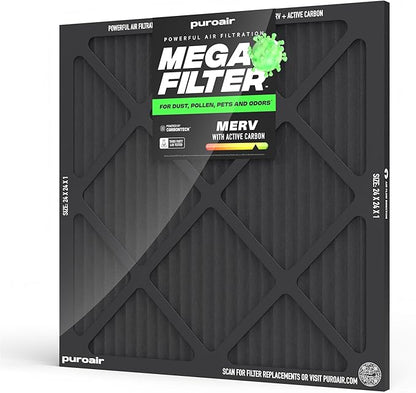PuroAir MegaFilter - 24x24x1 Air Filter MERV 13 Activated CarbonTech Defense - Heavy Duty 3 Layer Furnace Filters Allergens, Pollen, Dust, Pet Dander, Smoke, Odors - HVAC Air Filter 24x24x1 (1-Pack)