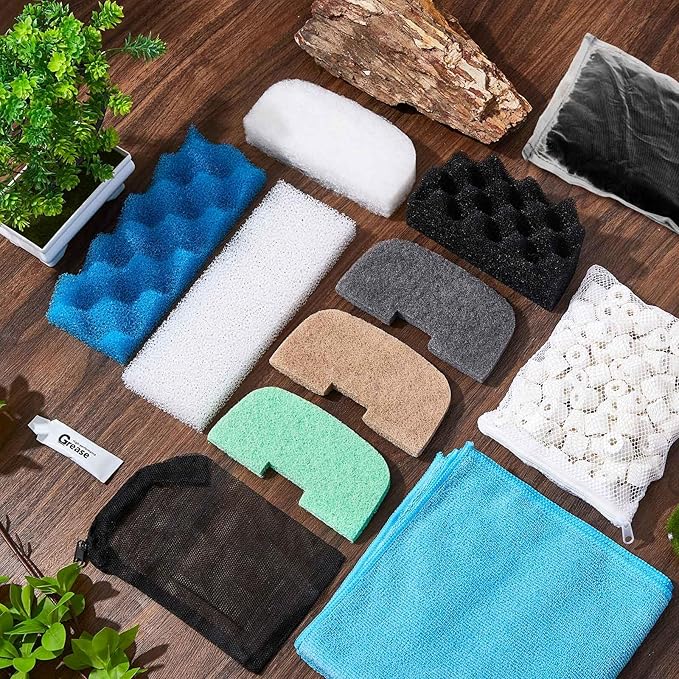 50 Pcs Compatible with Fluval 206/207 Filter Media Canister Filter Maintenance & Replacement Kit, Bio-Based Foam, Activated Carbon, Ceramic Rings, Microfiber Rags, Mesh Bags, Silicone Lube