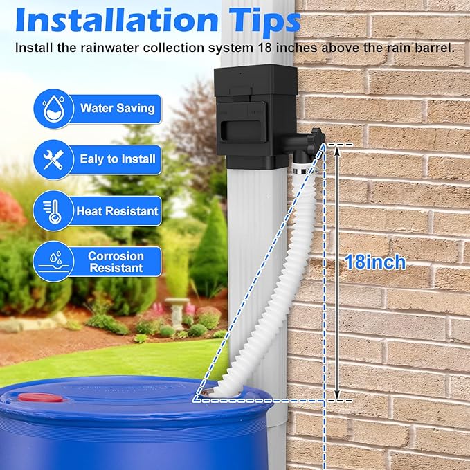 WADEO Rainwater Collection System, Downspout Diverter Fits for 2"x 3" or 3"x 4" Residential Downspouts, Rain Barrel Diverter Kit with Adjustable Valve and Filter, 5FT Hose, Black