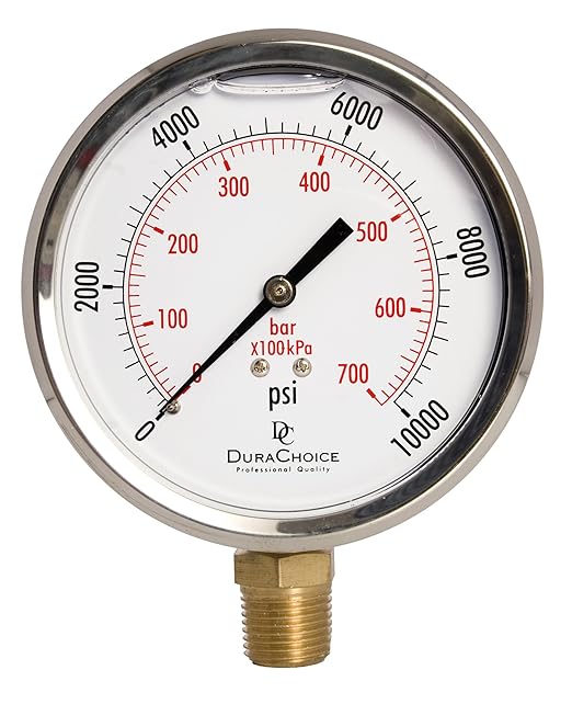 4" Oil Filled Pressure Gauge - Stainless Steel Case, Brass, 1/2" NPT, Lower Mount Connection, 0-10,000PSI