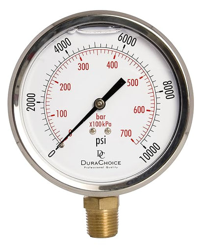 4" Oil Filled Pressure Gauge - Stainless Steel Case, Brass, 1/2" NPT, Lower Mount Connection, 0-10,000PSI