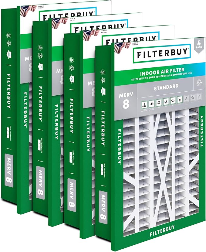 Filterbuy 16x25x5 Air Filter MERV 8 Essential Dust & Allergy Defense (4-Pack), Electrostatic Pleated HVAC AC Furnace Filters for Honeywell Return Grille (Actual Size: 14.38 x 23.38 x 3.69)