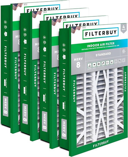 Filterbuy 16x25x5 Air Filter MERV 8 Essential Dust & Allergy Defense (4-Pack), Electrostatic Pleated HVAC AC Furnace Filters for Honeywell Return Grille (Actual Size: 14.38 x 23.38 x 3.69)