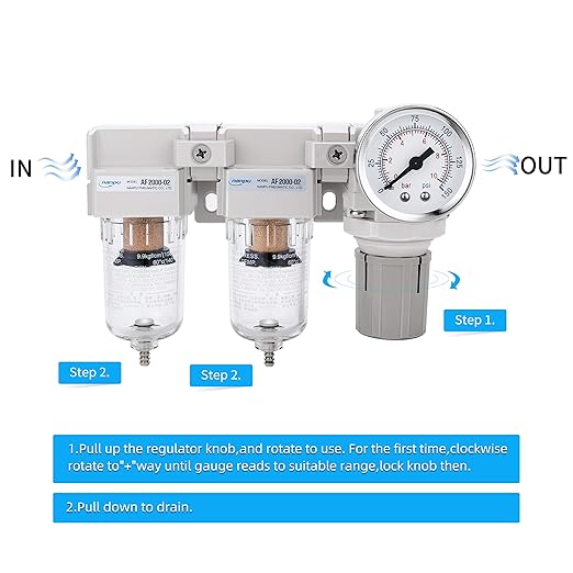 NANPU DFR-02 1/4" NPT Air Drying System - Double Air Filters, Air Pressure Regulator Combo - Semi-Auto Drain, Poly Bowl