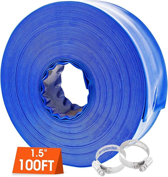 Poolvio 1-1/2" x 100' Professional Blue Backwash Hose with Clamps, General Purpose Reinforced PVC Lay-Flat Water Discharge Hose,for Use While Back-Washing Filters and Draining Pools