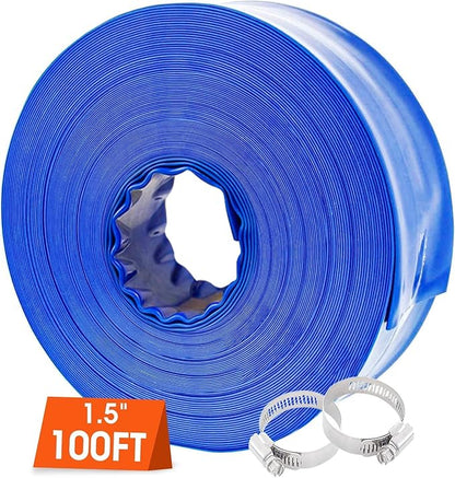 Poolvio 1-1/2" x 100' Professional Blue Backwash Hose with Clamps, General Purpose Reinforced PVC Lay-Flat Water Discharge Hose,for Use While Back-Washing Filters and Draining Pools
