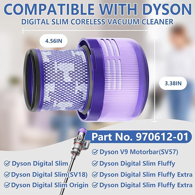 3 Packs V9 Filter Replacement Compatible with Dyson V9(SV57)、Digital Slim(SV57、SV18) Cordless Vacuum, Part No.970612-01 for Dyson Digital Slim Filter