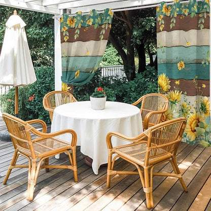 Sunflowers Outdoor Curtains for Patio Summer Floral Eucalyptus Leaves Vintage Wood Waterproof Outside Curtains with Grommet Top Weatherproof Curtain for Cabana Pergola Gazebo, 1 Panel, 54" W x 84" L