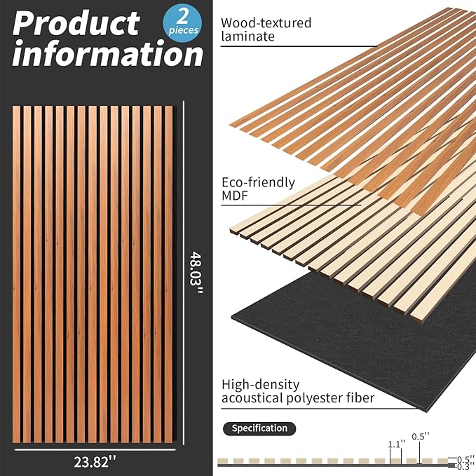 Wood Slat Wall Panel, 48'' x 24'' Wood Panels for Wall, 3D Soundproof Wall Panels, Large Acoustic Panels for Interior Ceiling and Wall Decor Noise Reduction, 2 Pack, Red Oak