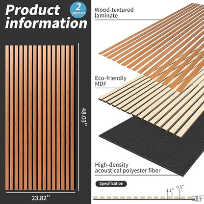 Wood Slat Wall Panel, 48'' x 24'' Wood Panels for Wall, 3D Soundproof Wall Panels, Large Acoustic Panels for Interior Ceiling and Wall Decor Noise Reduction, 2 Pack, Red Oak
