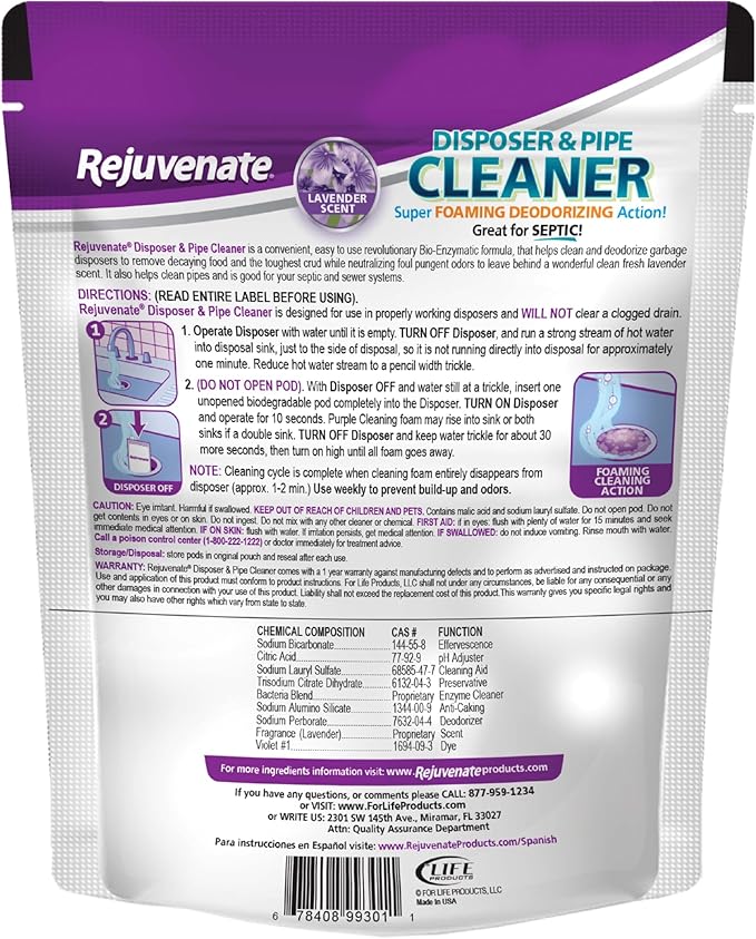 Rejuvenate Disposal Cleaner, 6 Pods, Lavender-Scented Disposal and Pipe Cleaner Pods with Bio-Enzymatic Formula Help Break Down Leftover Food Waste and Remove Odors for A Clean, Fresh Disposal