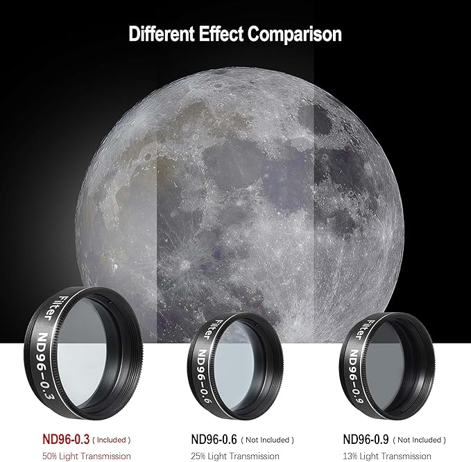 Astromania Telescope Filter Moon Filter 1.25 inch, Neutral Color Filter ND96-0.3 with 50% Light Transmission Reduces Moon Glare&Enhances Lunar Crater Detail, Work with Telescope Accepts 1.25" Eyepiece