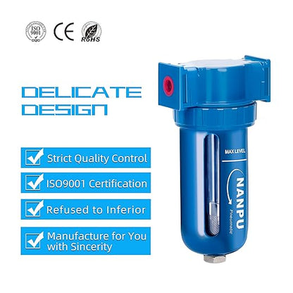 NANPU Zinc Alloy Desiccant Dryer, Compressed Air in Line Filter, Moisture Water Separator, Poly Bowl (3/8" NPT)