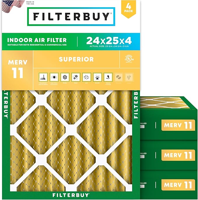 Filterbuy 24x25x4 Air Filter MERV 11 Superior Pet & Allergy Defense (4-Pack), Electrostatic Pleated HVAC AC Furnace Filters Replacement, Made in USA (Actual Size: 23.75 x 24.75 x 3.63)