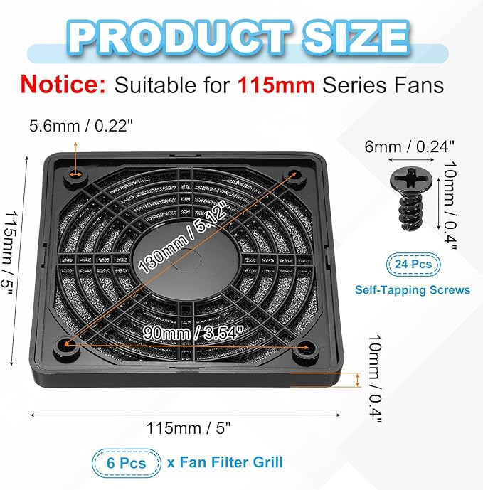 PATIKIL 110mm Fan Filter Grill, 6 Pcs Plastic Ventilation Dustproof Grill Cover Cooling Ventilator with Screws for Industry Workshop Computer Case Refrigerators Air Conditioning, Black