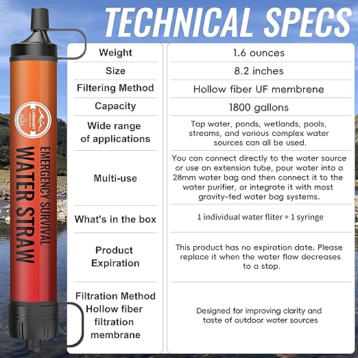 Emergency Water Filter Straw, Personal Survival Water Filtration System, Water Purifier, Outdoor Survival Gear and Equipment for Hiking Camping Accessories Cycling Fishing Preparedness
