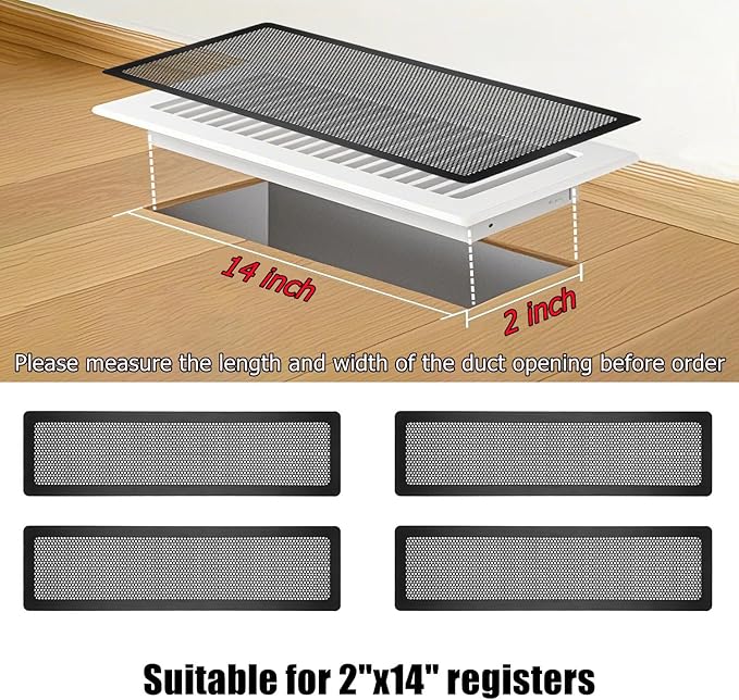 Floor Register Vent Cover, 2"x14" Magnetic Air Vent Screen Mesh Covers for Home Floor/Wall/Ceiling Registers Air Vent Filters, Black (4 Packs)