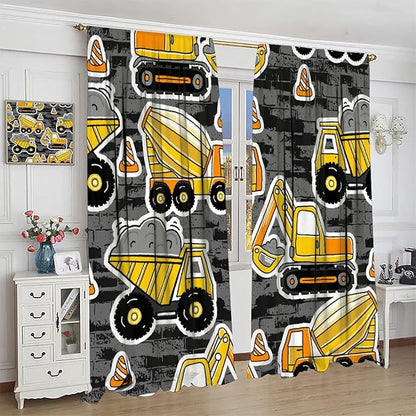 Kids Construction Excavator Window Curtains, Yellow Excavator Transporter Truck Cartoon Vehicles Rod Pocket Decorative Window Curtain for Children Teens Room 72x63in (30% Blackout)