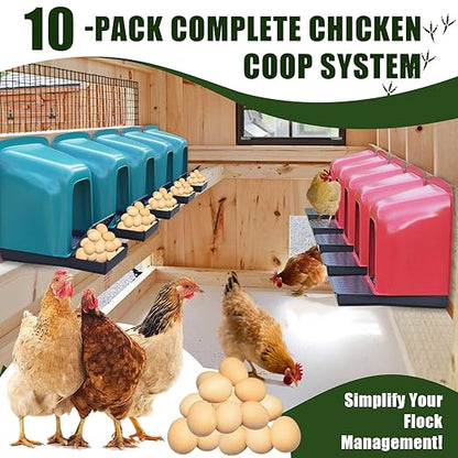Nesting Boxes for Chickens - 10 Pack Roll Away Nesting Boxes Chicken Coop with Perch, Durable Plastic Chicken Laying Box with Pull Out Egg Tray, Poultry Farm & Hen House Accessories