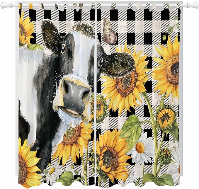 Retro Sunflowers Living Room Curtains 96 Inch Length, Window Curtains Tab Top, Farmhouse Floral Cow Butterfly Black Plaid Light Filtering Window Treatments Drapes 52"x96" 2 Panel