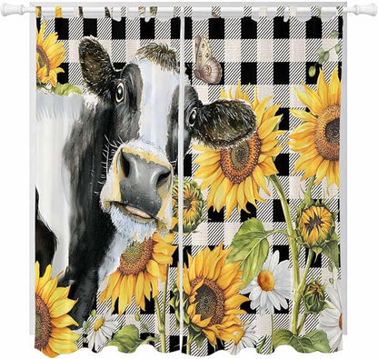 Retro Sunflowers Living Room Curtains 96 Inch Length, Window Curtains Tab Top, Farmhouse Floral Cow Butterfly Black Plaid Light Filtering Window Treatments Drapes 52"x96" 2 Panel