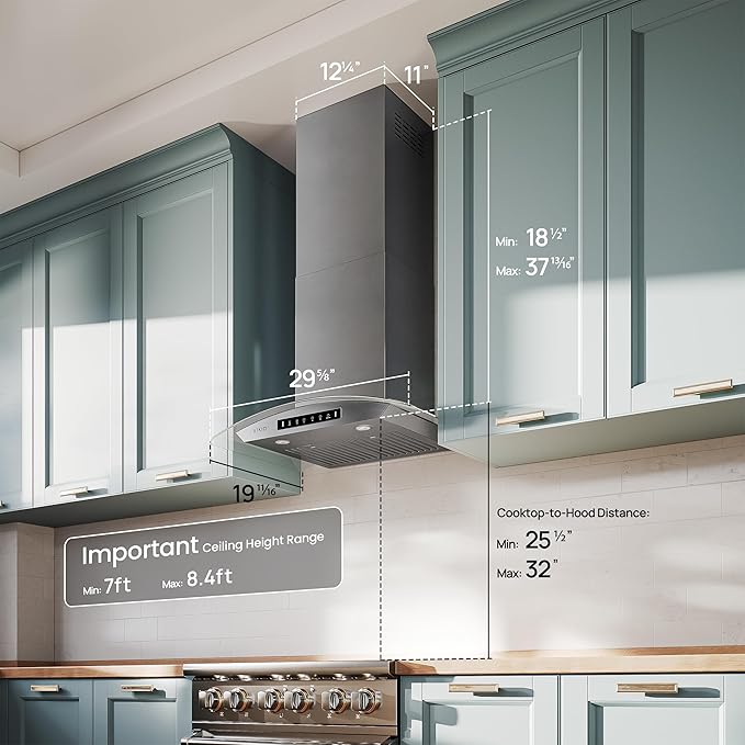 30" Wall Mount Range Hood Tempered Glass 900 CFM, Kitchen Chimney Vent Stainless Steel, with Gesture Sensing and Touch Control Switch Panel, 3-Speed Exhaust Fan Permanent Filter