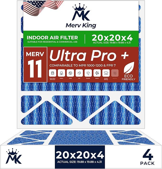 MervKing 20x20x4 Air Filter Actual Size: 19.88" x 19.88" x 4.31" MERV 11 MPR 1000-1200 | MADE IN USA | 4-Pack | Pleated HVAC AC Furnace Replacement