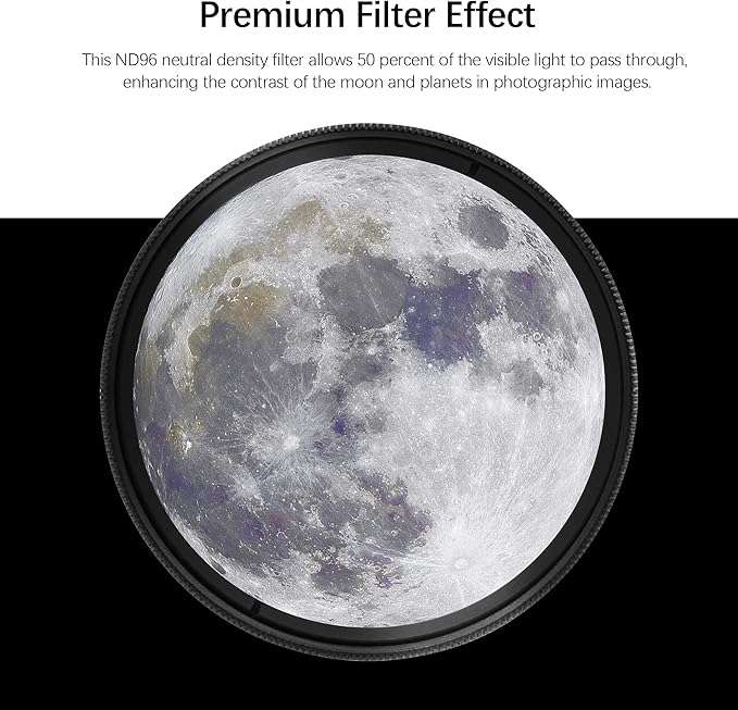 Astromania Telescope Moon Filter 2 inch, Neutral Density Telescope Filter ND96-0.3 with 50% Light Transmission Reduces Moon Glare&Enhances Lunar Crater Detail, Work with Telescope Accepts 2" Eyepiece