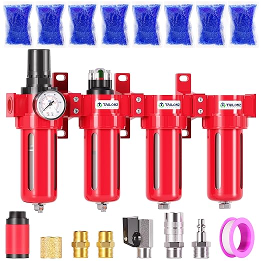 TAILONZ PNEUMATIC 0-150PSI 1/2 Inch NPT Red Industrial Grade 4 Stage Air Drying System, Particulate Filter, Coalescing Filter, Double Desiccant Dryer and Air Regulator (Manual Drainage)