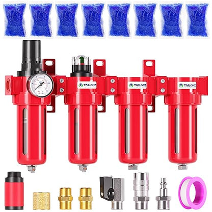 TAILONZ PNEUMATIC 0-150PSI 1/2 Inch NPT Red Industrial Grade 4 Stage Air Drying System, Particulate Filter, Coalescing Filter, Double Desiccant Dryer and Air Regulator (Manual Drainage)