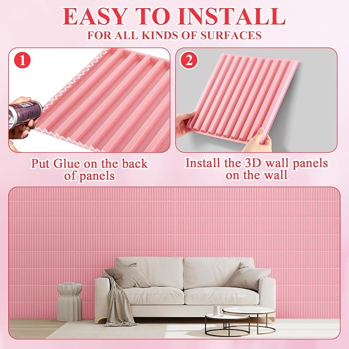 Nuanchu 32 Pcs 3D Slat Wall Panels 12 x 12 Inch PVC Fluted Textured Panel Cuttable Paintable DIY Wall Art Decorative Tiles for Ceiling Studio Bathroom Interior TV Background (Pink)