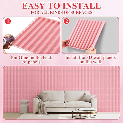 Nuanchu 32 Pcs 3D Slat Wall Panels 12 x 12 Inch PVC Fluted Textured Panel Cuttable Paintable DIY Wall Art Decorative Tiles for Ceiling Studio Bathroom Interior TV Background (Pink)