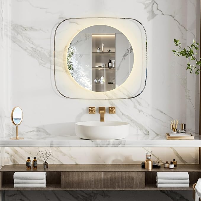 LUVODI Lighted LED Bathroom Mirror: 28”x32” Transparent Wall Mounted Vanity Mirror with Bright Back Lit - Illuminated Dimmable 3 Colors Mirrors with Smart Memory Form Anti-Fog for Bathroom